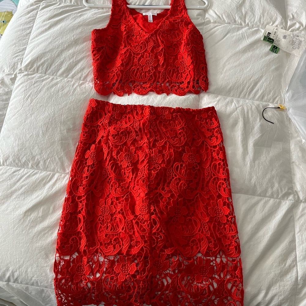 Leith red lace crop top and skirt